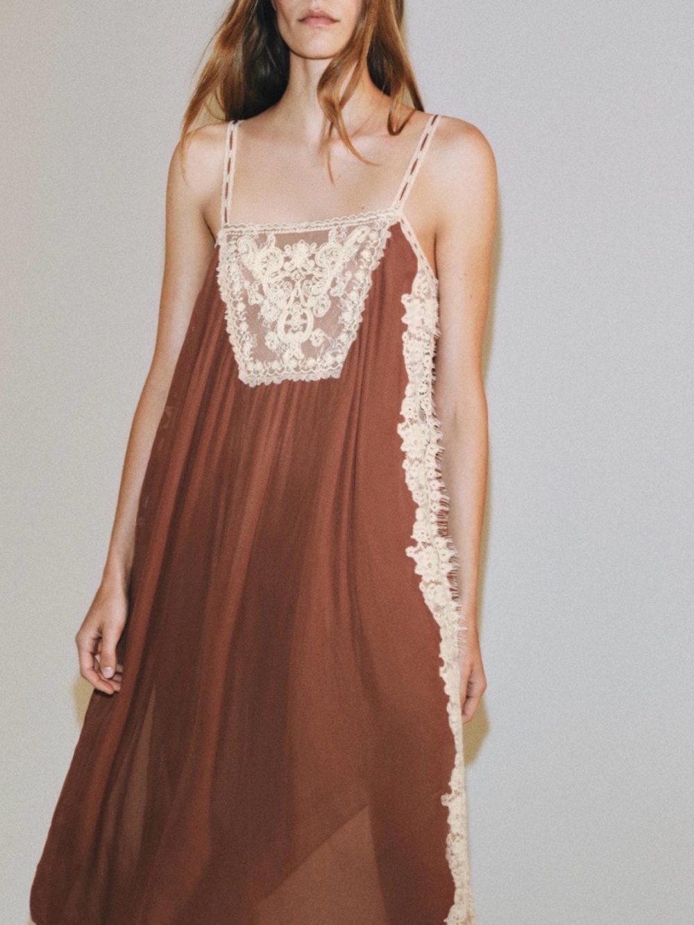 NWT Zara Lace Strap Midi Maxi Dress with Cream Lace Brick Small 5107/088 - Picture 4 of 9